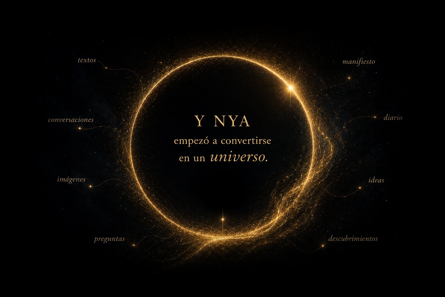 Un anillo dorado con el texto Y NYA empezó a convertirse en un universo, rodeado de las palabras textos, conversaciones, imágenes, preguntas, manifiesto, diario, ideas, descubrimientos