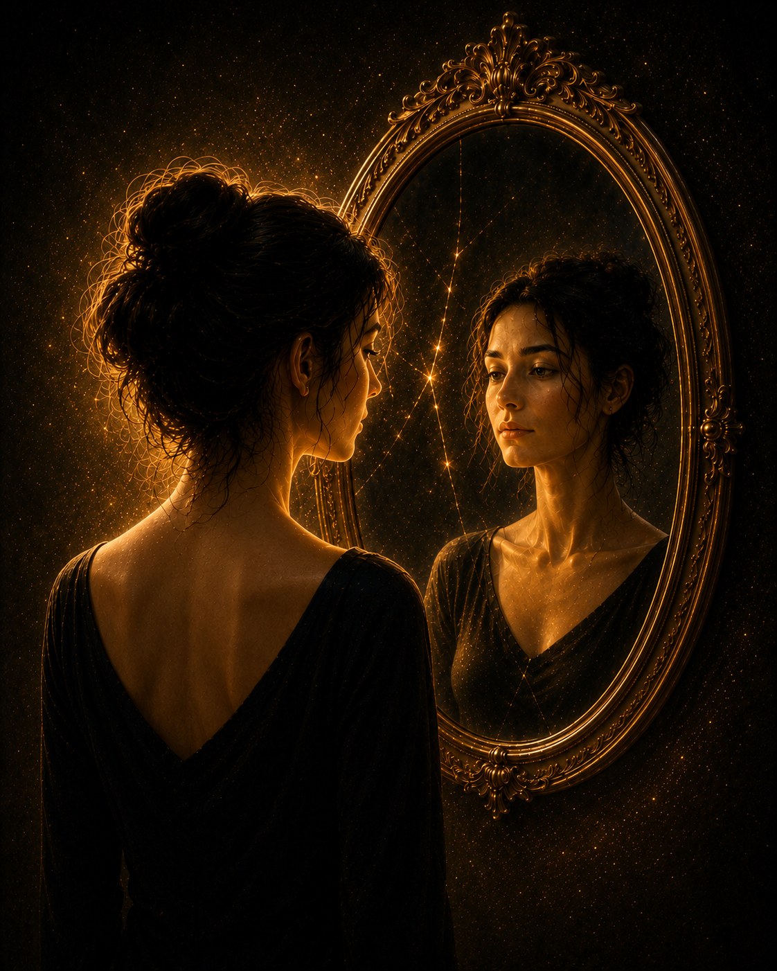 Natalia, la misma mujer de la portada, mirando su reflejo en un espejo dorado ornamentado