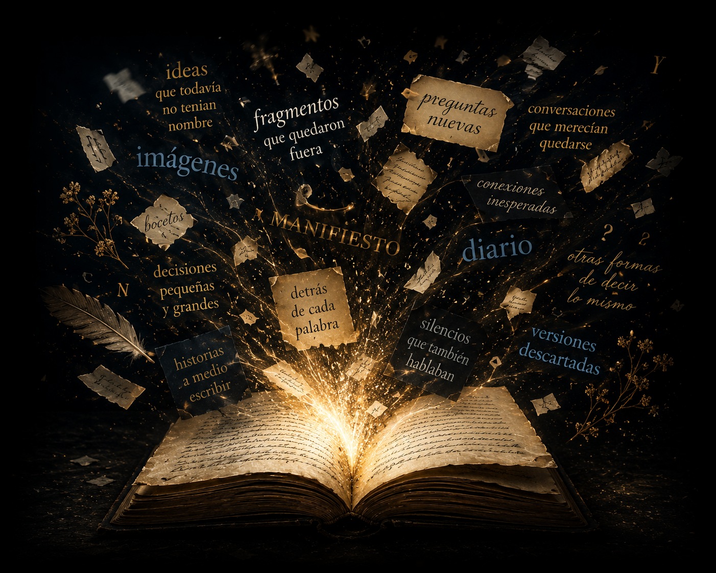 Un libro abierto del que salen volando fragmentos de texto: ideas, fragmentos, imágenes, preguntas nuevas, manifiesto, diario